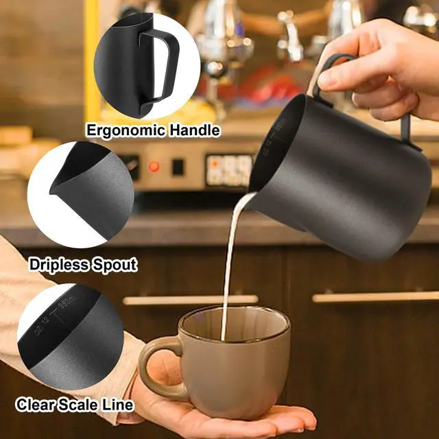 Alt view image 3 of 7 - Milk Frothing Pitcher,Milk Steaming Frother Cup,Barista Cappuccino Latte Art Milk Jug with Decorating Pen,Stainless Steel Espresso Coffee Bar Accessories Tools (Black, 12oz)
