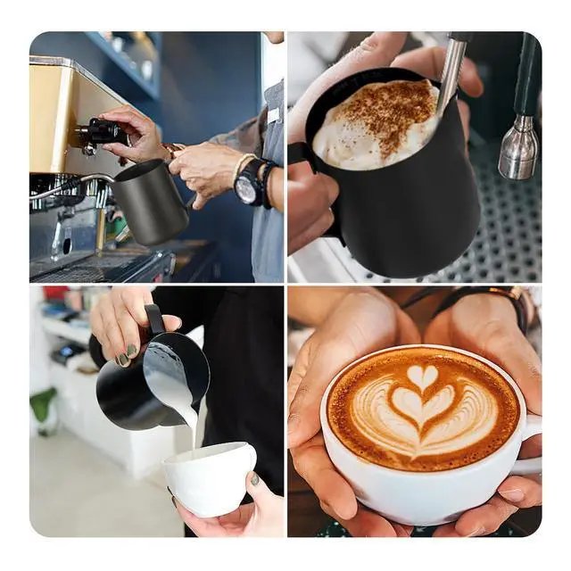Alt view image 5 of 7 - Milk Frothing Pitcher,Milk Steaming Frother Cup,Barista Cappuccino Latte Art Milk Jug with Decorating Pen,Stainless Steel Espresso Coffee Bar Accessories Tools (Black, 12oz)