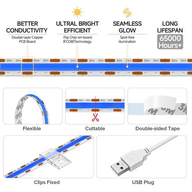 Alt view image 4 of 6 - FCOB USB Powered Blue Color COB LED Strip Lights 3.28FT 320LEDs 5V 8mm Width 90+ High CRI Ultra Bright Flexible Light for 3D Printer TV Backlight Display Cabinet PC DIY Decor