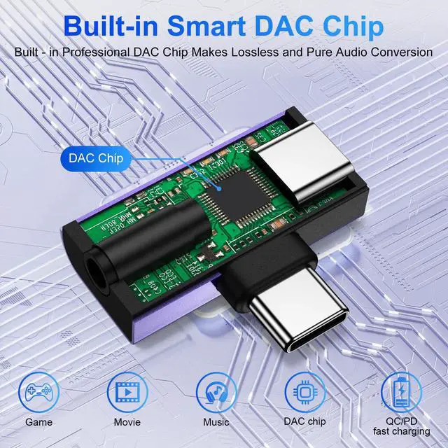 Alt view image 3 of 7 - USB C to 3.5mm Audio Adapter 2 in 1 Type-C to Aux Headphone Hi-Res Adapter with 60W Fast Charger for iPhone 17e/17 Pro Max/16e/16/15 Pro Max/Samsung Galaxy S26 Ultra/S25/S24/S23/S22/S21/S20/A17/A16