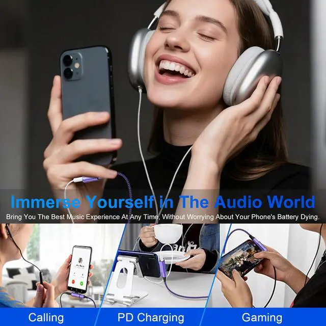 Alt view image 4 of 7 - USB C to 3.5mm Audio Adapter 2 in 1 Type-C to Aux Headphone Hi-Res Adapter with 60W Fast Charger for iPhone 17e/17 Pro Max/16e/16/15 Pro Max/Samsung Galaxy S26 Ultra/S25/S24/S23/S22/S21/S20/A17/A16