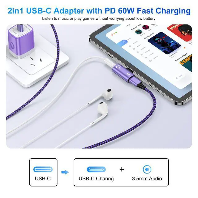 Alt view image 6 of 7 - USB C to 3.5mm Audio Adapter 2 in 1 Type-C to Aux Headphone Hi-Res Adapter with 60W Fast Charger for iPhone 17e/17 Pro Max/16e/16/15 Pro Max/Samsung Galaxy S26 Ultra/S25/S24/S23/S22/S21/S20/A17/A16