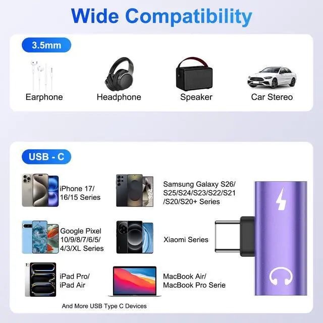 Alt view image 7 of 7 - USB C to 3.5mm Audio Adapter 2 in 1 Type-C to Aux Headphone Hi-Res Adapter with 60W Fast Charger for iPhone 17e/17 Pro Max/16e/16/15 Pro Max/Samsung Galaxy S26 Ultra/S25/S24/S23/S22/S21/S20/A17/A16