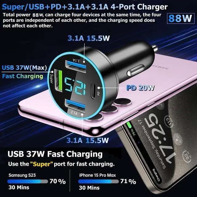 Alt view image 2 of 7 - 88W Car Charger Super Fast Charging Cigarette Lighter USB Phone Accessories Charger Adapter with QC USB c Type c PD Universal Quick Charge Multi 4 Port for 12-24v Car Cigarette Lighter Plug