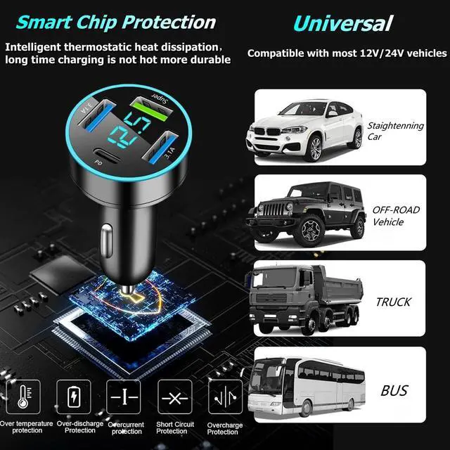 Alt view image 4 of 7 - 88W Car Charger Super Fast Charging Cigarette Lighter USB Phone Accessories Charger Adapter with QC USB c Type c PD Universal Quick Charge Multi 4 Port for 12-24v Car Cigarette Lighter Plug