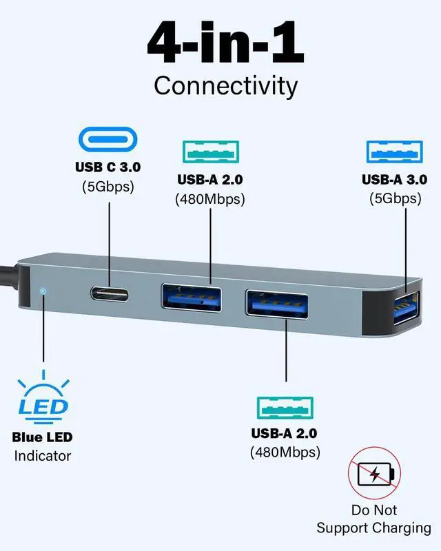 Alt view image 2 of 7 - 4-Port USB Hub with USB-C, 5Gbps USB 3.0 Aluminum Data Hub for Laptop