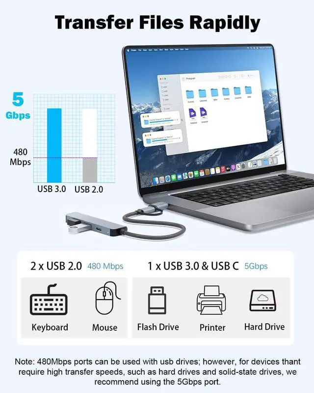 Alt view image 3 of 7 - 4-Port USB Hub with USB-C, 5Gbps USB 3.0 Aluminum Data Hub for Laptop
