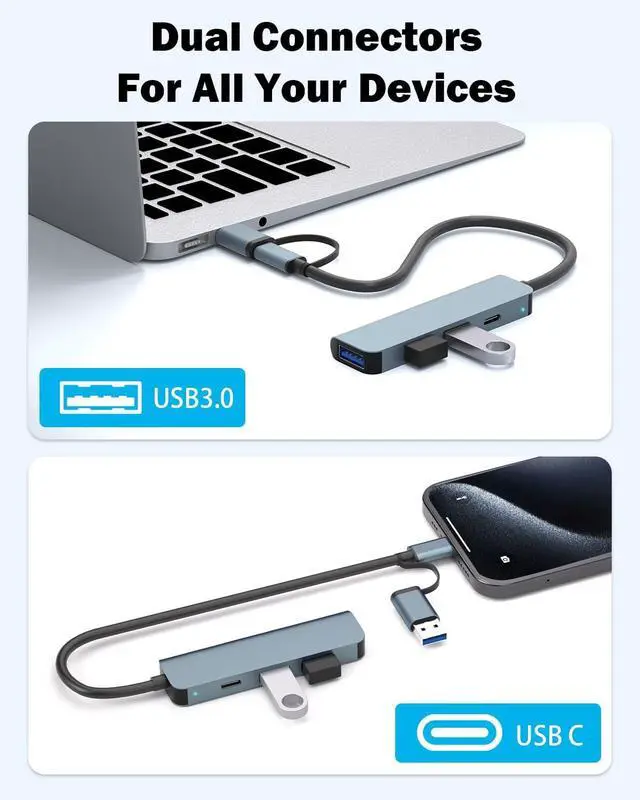 Alt view image 5 of 7 - 4-Port USB Hub with USB-C, 5Gbps USB 3.0 Aluminum Data Hub for Laptop