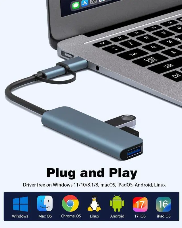 Alt view image 7 of 7 - 4-Port USB Hub with USB-C, 5Gbps USB 3.0 Aluminum Data Hub for Laptop