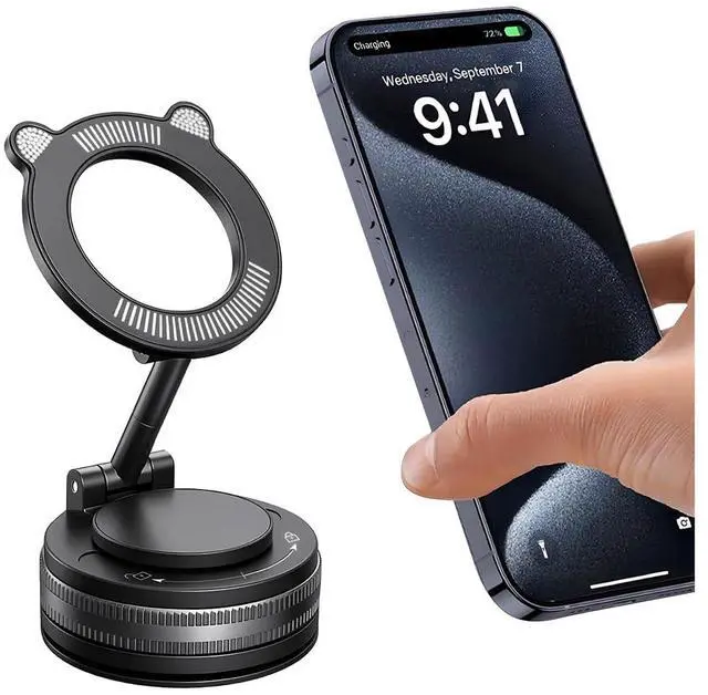 Main image of Vacuum Magnetic Suction Car Phone Holder, 360° Adjustable Foldable Strong Grip Cellphone Mount for Smooth Surface, Hands-Free Mobile Phone Stand, Universal for Most Smartphones (Black)