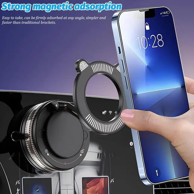 Alt view image 2 of 6 - Vacuum Magnetic Suction Car Phone Holder, 360° Adjustable Foldable Strong Grip Cellphone Mount for Smooth Surface, Hands-Free Mobile Phone Stand, Universal for Most Smartphones (Black)