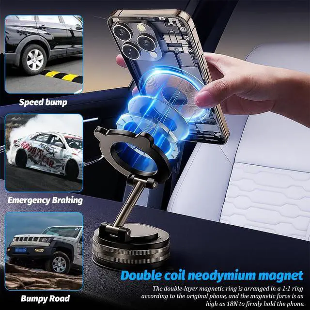 Alt view image 4 of 6 - Vacuum Magnetic Suction Car Phone Holder, 360° Adjustable Foldable Strong Grip Cellphone Mount for Smooth Surface, Hands-Free Mobile Phone Stand, Universal for Most Smartphones (Black)