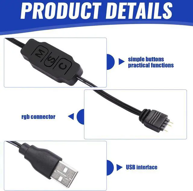 Alt view image 4 of 7 - ARGB LED Controller 5V 3-Pin 70 cm Total Length USB Powered Mini RGB Controller with (M-Mode) (S-Speed) (C-Color) Buttons Plug-&-Play for PC Fans & Light Strips
