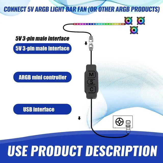 Alt view image 7 of 7 - ARGB LED Controller 5V 3-Pin 70 cm Total Length USB Powered Mini RGB Controller with (M-Mode) (S-Speed) (C-Color) Buttons Plug-&-Play for PC Fans & Light Strips