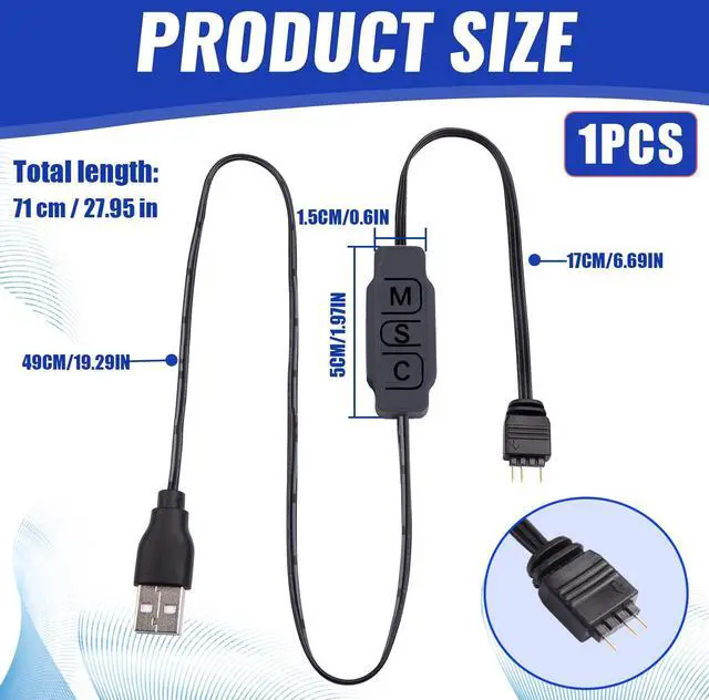 Alt view image 5 of 7 - ARGB LED Controller 5V 3-Pin 70 cm Total Length USB Powered Mini RGB Controller with (M-Mode) (S-Speed) (C-Color) Buttons Plug-&-Play for PC Fans & Light Strips