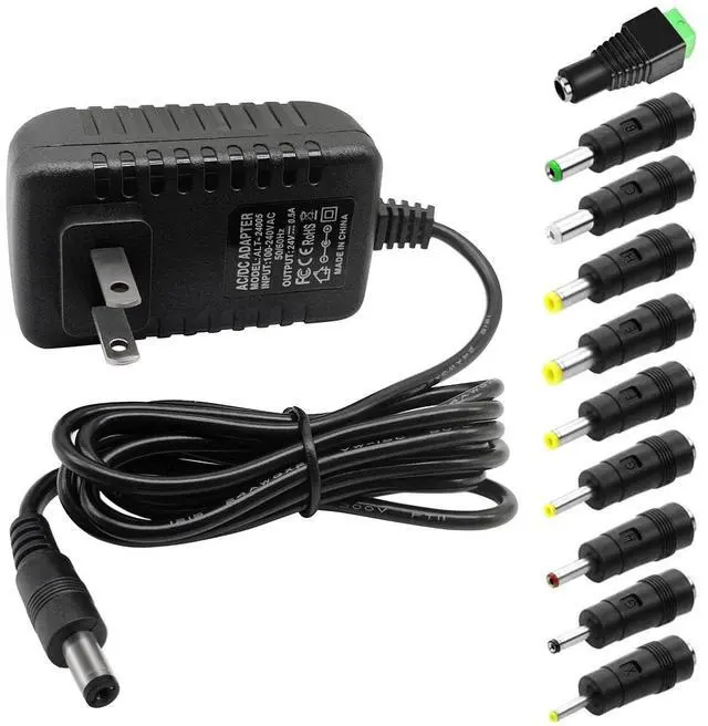 Main image of DC 24V 0.5A Switching Power Supply AC Adapter 100-240V 50-60Hz to dc 24Volt 0.5 Amp Power Cord Wall Adapter with 5.5mm x 2.5mm/2.1mm Barrel Plug & 10 Tips