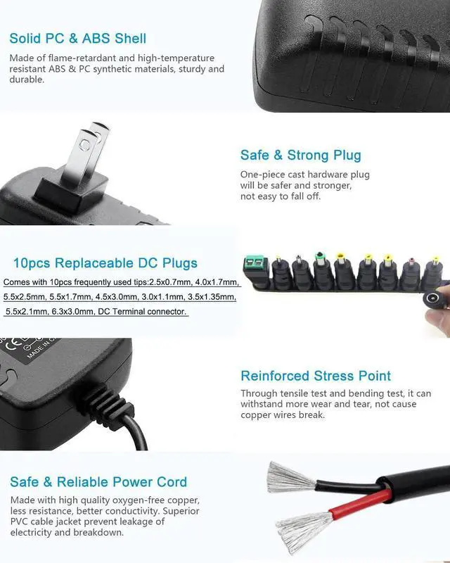 Alt view image 4 of 6 - DC 24V 0.5A Switching Power Supply AC Adapter 100-240V 50-60Hz to dc 24Volt 0.5 Amp Power Cord Wall Adapter with 5.5mm x 2.5mm/2.1mm Barrel Plug & 10 Tips