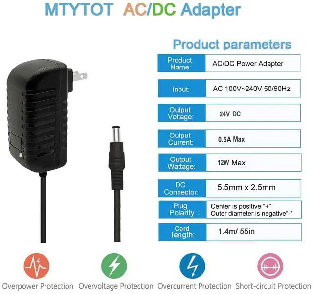 Alt view image 2 of 6 - DC 24V 0.5A Switching Power Supply AC Adapter 100-240V 50-60Hz to dc 24Volt 0.5 Amp Power Cord Wall Adapter with 5.5mm x 2.5mm/2.1mm Barrel Plug & 10 Tips
