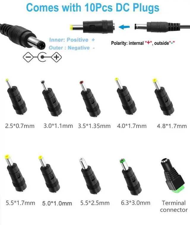 Alt view image 3 of 6 - DC 24V 0.5A Switching Power Supply AC Adapter 100-240V 50-60Hz to dc 24Volt 0.5 Amp Power Cord Wall Adapter with 5.5mm x 2.5mm/2.1mm Barrel Plug & 10 Tips