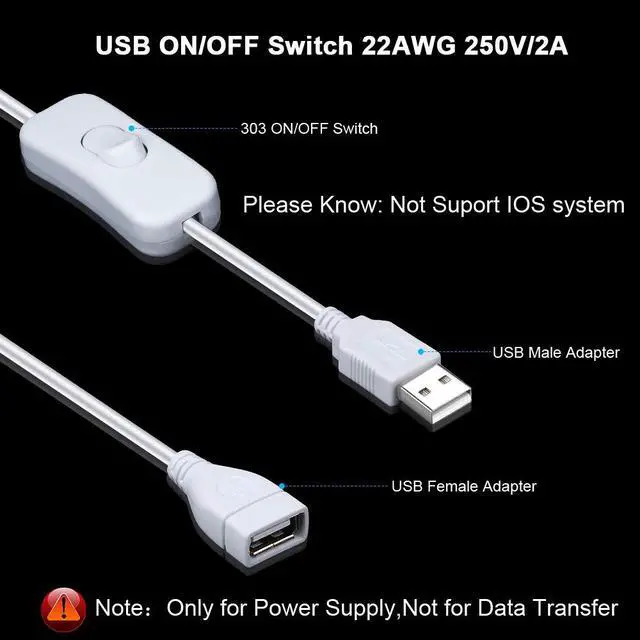 Alt view image 3 of 7 - 2 Pack Male to Female USB Cable with On/Off Switch, USB Extension Inline Rocker Switch for Driving Recorder, LED Desk Lamp, USB Fan, LED StripWhite