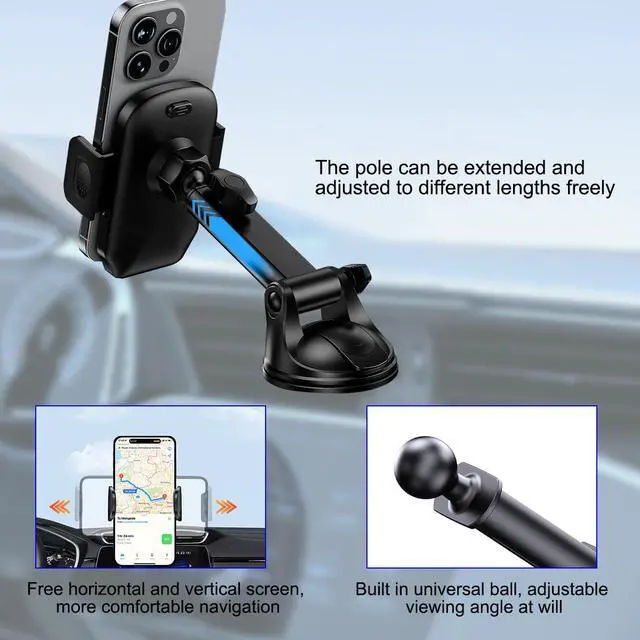Alt view image 6 of 6 - Car Dash Mount Phone Holder, 360° Adjustable Strong Suction Cup Vehicle Windshield Mobile Phone Mount, Hands Free Automotive Cellphone Stand, Suitable for 1.97-4.33" Smartphone (Black)