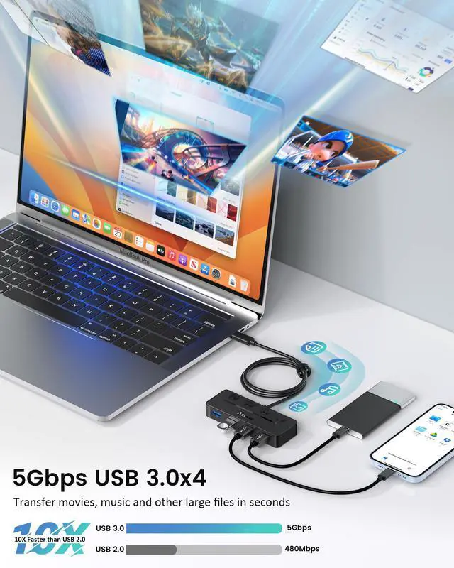 Alt view image 4 of 7 - USB C Hub, USBC to 4-Ports USB 3.0 Hub with Type C Power Port and Individual On/Off Switches, 5Gbps USB C Splitter with 3.3ft Long Extender Cable Compatible for Laptops, MacBook Pro/Air