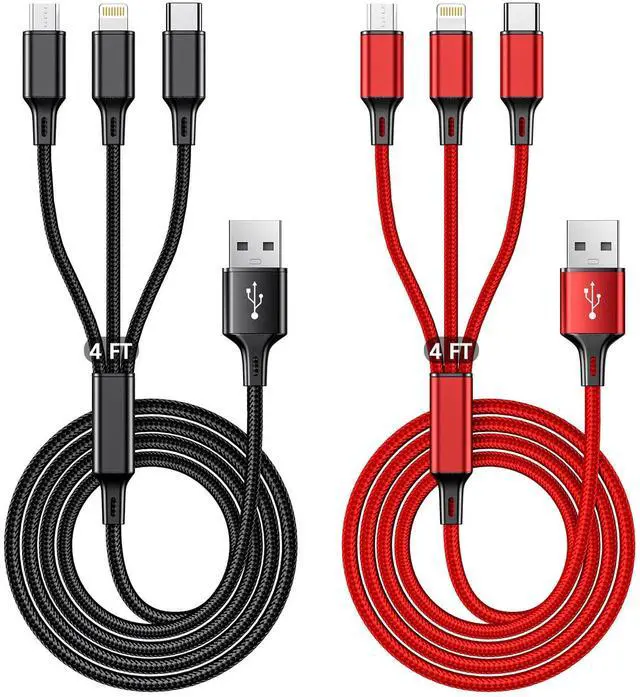Main image of Multi Charging Cable, 4ft 2Pack Multi Phone Charger Cable Braided Universal 3 in 1 Charging Cord Extra Long Multiple USB Cable with USB C, Micro USB Port Connectors for Cell Phones and MoreRed+Black)