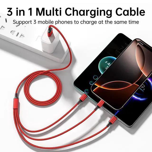 Alt view image 3 of 7 - Multi Charging Cable, 4ft 2Pack Multi Phone Charger Cable Braided Universal 3 in 1 Charging Cord Extra Long Multiple USB Cable with USB C, Micro USB Port Connectors for Cell Phones and MoreRed+Black)