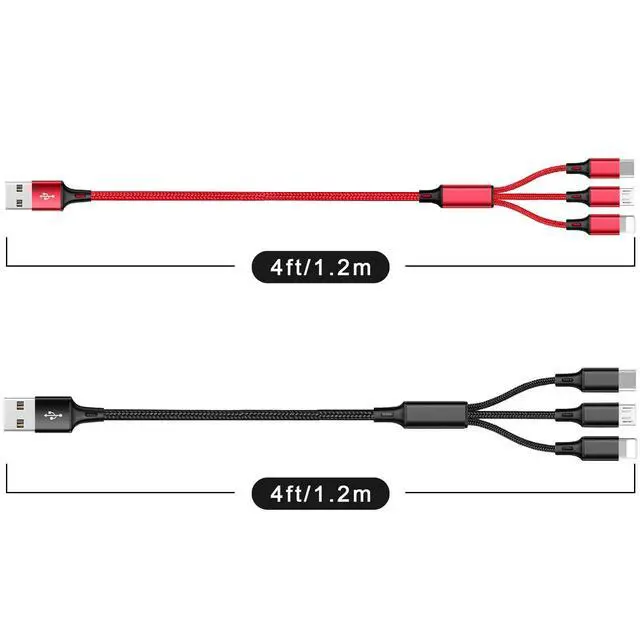 Alt view image 6 of 7 - Multi Charging Cable, 4ft 2Pack Multi Phone Charger Cable Braided Universal 3 in 1 Charging Cord Extra Long Multiple USB Cable with USB C, Micro USB Port Connectors for Cell Phones and MoreRed+Black)