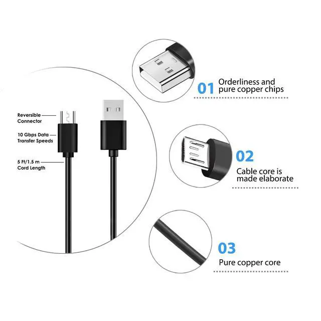 Alt view image 5 of 6 - 5ft Micro USB Fast Charger Cable - Compatible with Barnes & Noble Nook Tablets & More