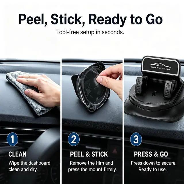 Alt view image 2 of 7 - Adhesive Dashboard Car Phone Holder 360 Degree Rotation, Anti-Slip Silicone Base & Spring Clip for Hands-Free Navigation, Compatible with iPhone and Android Phones 4-7 Inches, Black