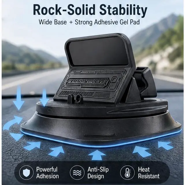 Alt view image 4 of 7 - Adhesive Dashboard Car Phone Holder 360 Degree Rotation, Anti-Slip Silicone Base & Spring Clip for Hands-Free Navigation, Compatible with iPhone and Android Phones 4-7 Inches, Black