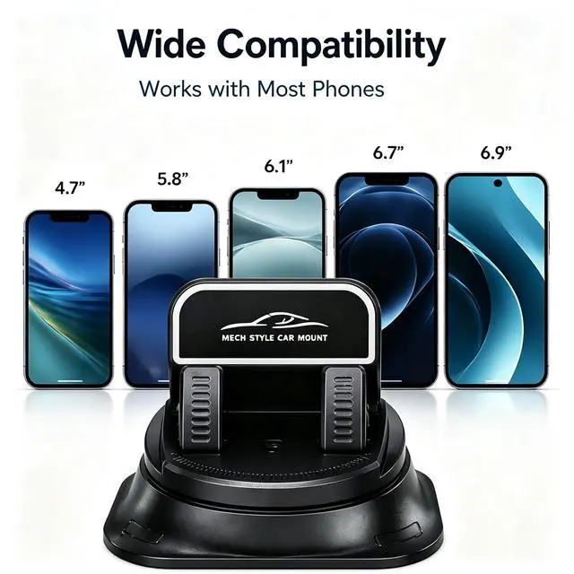 Alt view image 7 of 7 - Adhesive Dashboard Car Phone Holder 360 Degree Rotation, Anti-Slip Silicone Base & Spring Clip for Hands-Free Navigation, Compatible with iPhone and Android Phones 4-7 Inches, Black