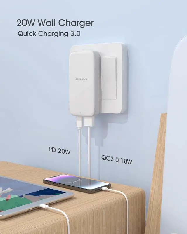 Alt view image 3 of 7 - USB Wall Charger, USB C Fast Charger, Elexlinco Dual USB Wall Charger with Apple 20W Charge and QC 3.0 18W USB-A,USB C Wall Adapter for Apple 14 13 12 11, Samsung, Foldable Plug Charger