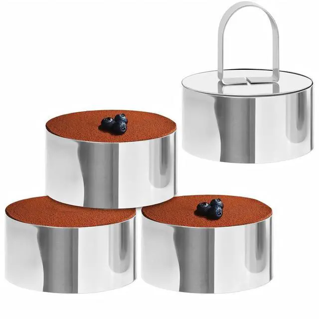 Main image of 4-Pack 3 Inch Stainless Steel Baking Ring Molds with Pusher - Professional Food Ring Mold for Cooking & Baking, Easy Release Crumpet Rings, Dishwasher Safe & Leak-Proof Silver Kitchen Tools