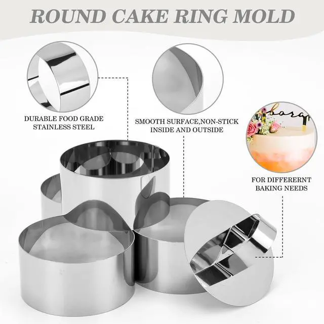 Alt view image 4 of 7 - 4-Pack 3 Inch Stainless Steel Baking Ring Molds with Pusher - Professional Food Ring Mold for Cooking & Baking, Easy Release Crumpet Rings, Dishwasher Safe & Leak-Proof Silver Kitchen Tools