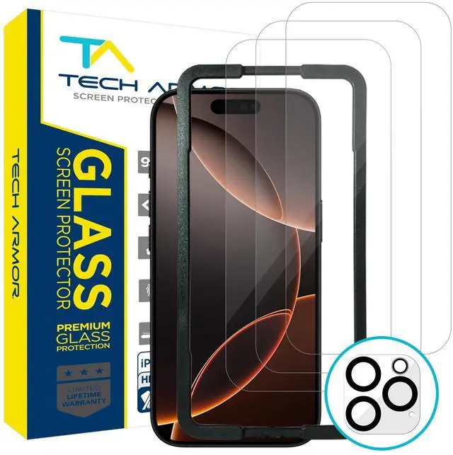 Main image of for Apple iPhone 16 Pro Screen Protector Glass 6.3 inch - Ballistic Tempered, Case Friendly, Easy Install, Sensor Protection, HD, 9H Hardness, 3 Pack + Bonus Camera Lens Protector