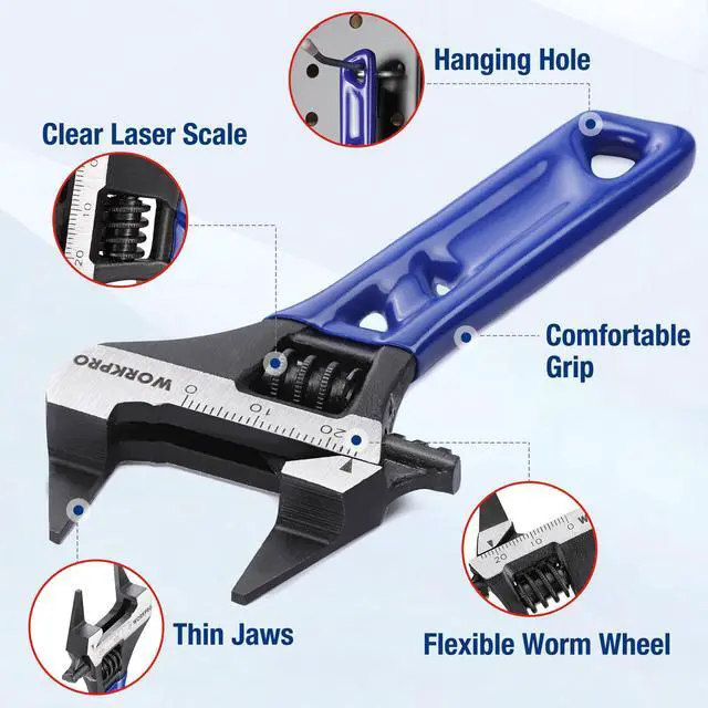 Alt view image 5 of 7 - 4-Inch Thin Jaws Stubby Wide Opening Adjustable Wrench, Small Adjustable Wrench with 2mm Slim Jaws for Easy Access to Tight Spaces, Metric/SAE Scales, Cr-V Steel