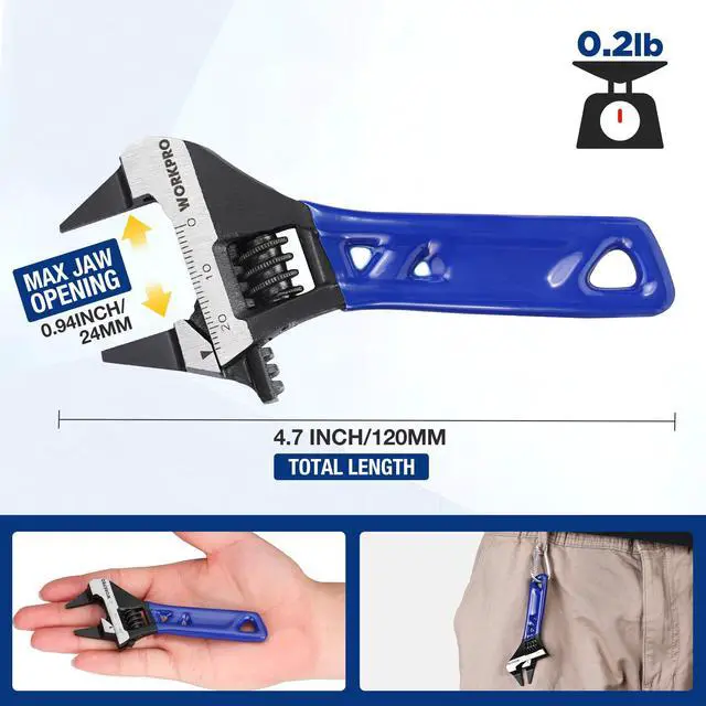 Alt view image 3 of 7 - 4-Inch Thin Jaws Stubby Wide Opening Adjustable Wrench, Small Adjustable Wrench with 2mm Slim Jaws for Easy Access to Tight Spaces, Metric/SAE Scales, Cr-V Steel