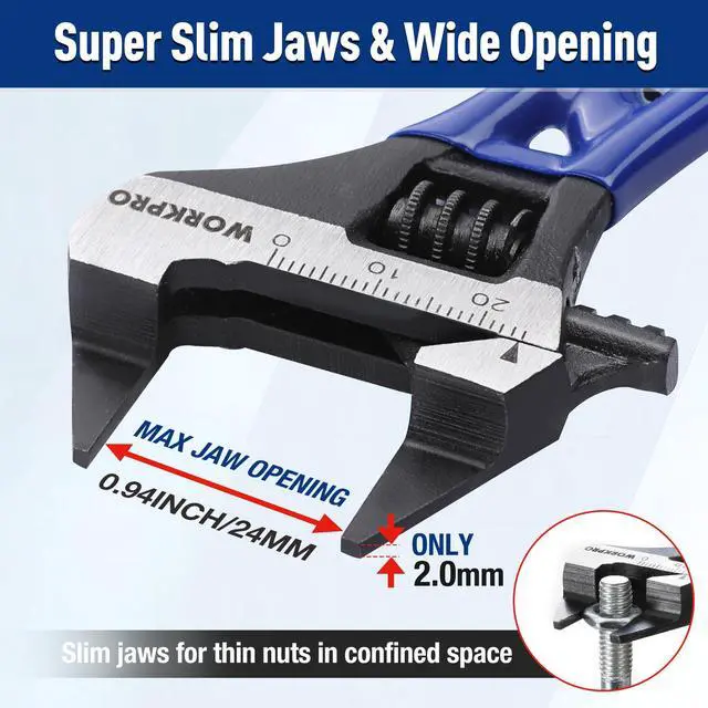 Alt view image 2 of 7 - 4-Inch Thin Jaws Stubby Wide Opening Adjustable Wrench, Small Adjustable Wrench with 2mm Slim Jaws for Easy Access to Tight Spaces, Metric/SAE Scales, Cr-V Steel