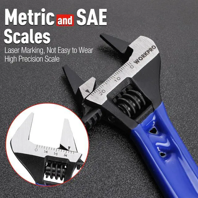 Alt view image 6 of 7 - 4-Inch Thin Jaws Stubby Wide Opening Adjustable Wrench, Small Adjustable Wrench with 2mm Slim Jaws for Easy Access to Tight Spaces, Metric/SAE Scales, Cr-V Steel
