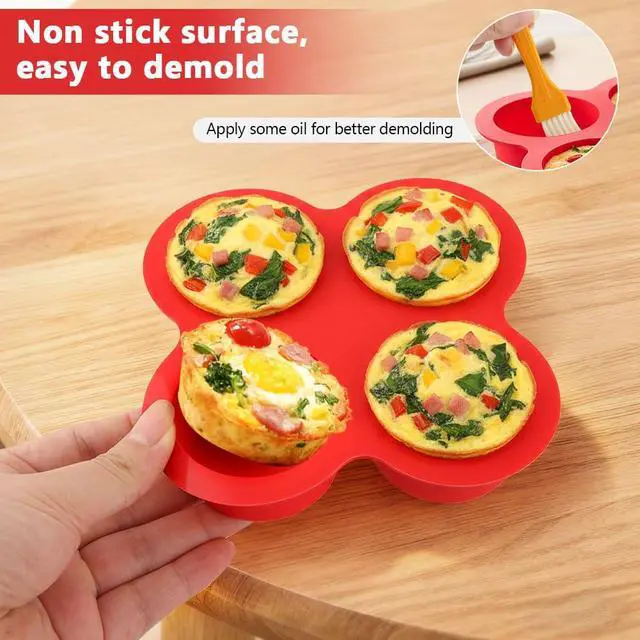 Alt view image 2 of 7 - 2 Pack Silicone Egg Bite Molds, 4 Cups Air Fryer Egg Bite Molds with 1 Spatula & 1 Brush Mini Round Muffin Pans, Nonstick Air Fryer Baking Pan for Cupcake, Muffin, Tart, Frittata, Quiche