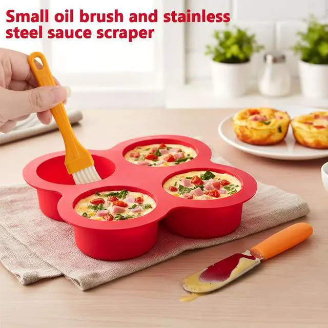 Alt view image 3 of 7 - 2 Pack Silicone Egg Bite Molds, 4 Cups Air Fryer Egg Bite Molds with 1 Spatula & 1 Brush Mini Round Muffin Pans, Nonstick Air Fryer Baking Pan for Cupcake, Muffin, Tart, Frittata, Quiche