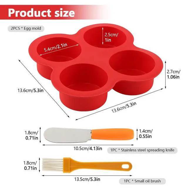 Alt view image 7 of 7 - 2 Pack Silicone Egg Bite Molds, 4 Cups Air Fryer Egg Bite Molds with 1 Spatula & 1 Brush Mini Round Muffin Pans, Nonstick Air Fryer Baking Pan for Cupcake, Muffin, Tart, Frittata, Quiche