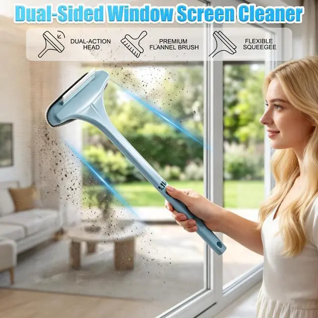 Alt view image 2 of 7 - Window Screen Cleaning Brush, 2 in 1 Window Screen Cleaner Wiper, Multifunctional Mesh Cleaner Brush with Squeegee, Double Sided Wet & Dry Dual Use (Pink)