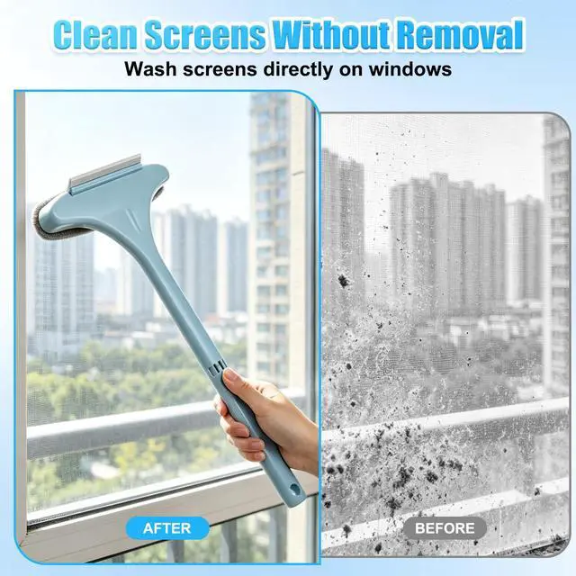 Alt view image 3 of 7 - Window Screen Cleaning Brush, 2 in 1 Window Screen Cleaner Wiper, Multifunctional Mesh Cleaner Brush with Squeegee, Double Sided Wet & Dry Dual Use (Pink)