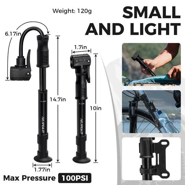 Alt view image 3 of 7 - Mini Bike Pump with Gauge, 10 Inch Portable Hand Bicycle Pump, 100PSI, Support Shrader and Presta, Fast Air Out Ball Pump, Work with All Bikes and Balls, Swimming Ring