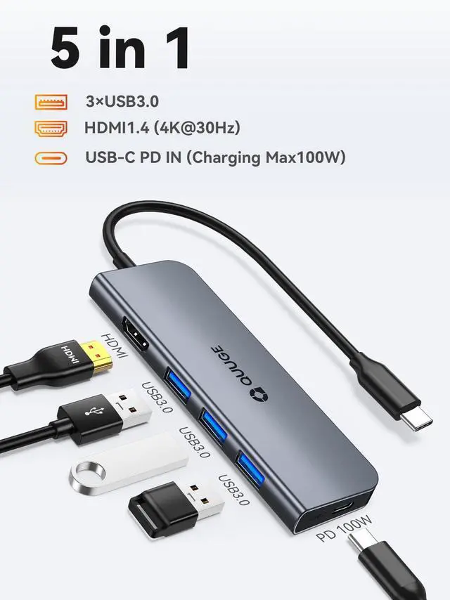 Alt view image 2 of 7 - USB C Hub, 5in1 USB C HDMI Adapter with 4K@30HZ HDMI, 100W PD, 3×USB A 3.0 Ports, Aluminum Ultra Slim Hub for Switch, MacBook Air/Pro, Galaxy S/Z/Note Series & More.