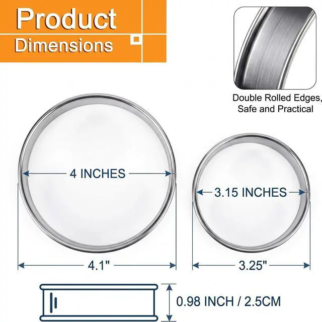 Alt view image 2 of 7 - 16-Pack English Muffin Rings, Stainless Steel Crumpet Molds (4" & 3.15"), Double-Rolled Non-Stick Tart Rings for Baking, Frying Eggs, Pancakes & Breakfast Sandwiches