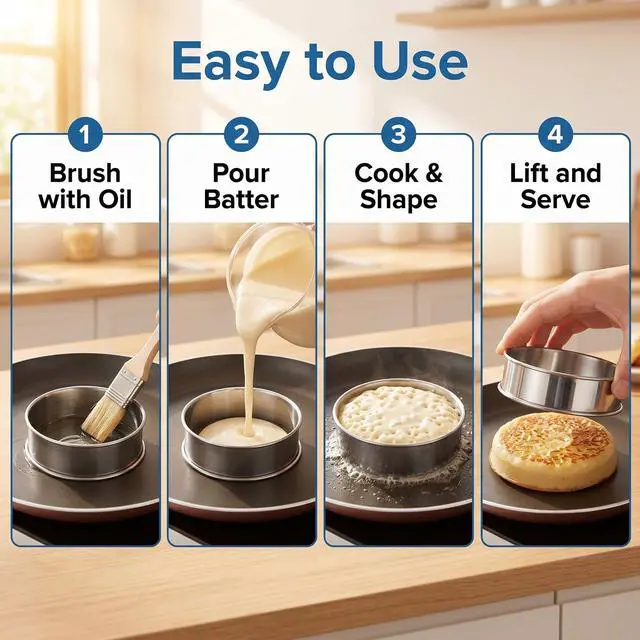 Alt view image 6 of 7 - 16-Pack English Muffin Rings, Stainless Steel Crumpet Molds (4" & 3.15"), Double-Rolled Non-Stick Tart Rings for Baking, Frying Eggs, Pancakes & Breakfast Sandwiches